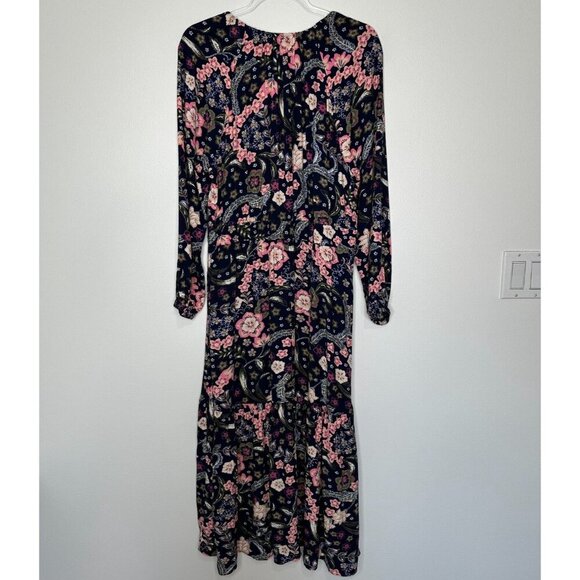 LOFT Shirred Flounce Tiered Midi Dress Navy Blue Floral Boho XL - Picture 2 of 9